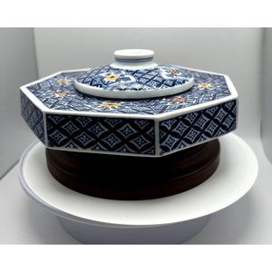 Vintage Japanese Food Warmer BLue Porcelain Geo Floral Signed